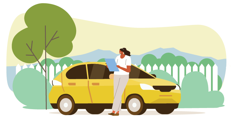 Women in front of car illustration